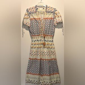 FLOE- Vibrant Geometric Patterned Ruffle Tassle Beads Super Wide Leg Jumpsuit- S